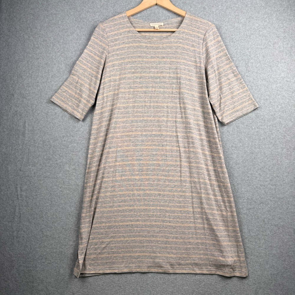 Eileen Fisher T Shirt Dress Womens Medium Gray Tan Striped Tencel Short Sleeve